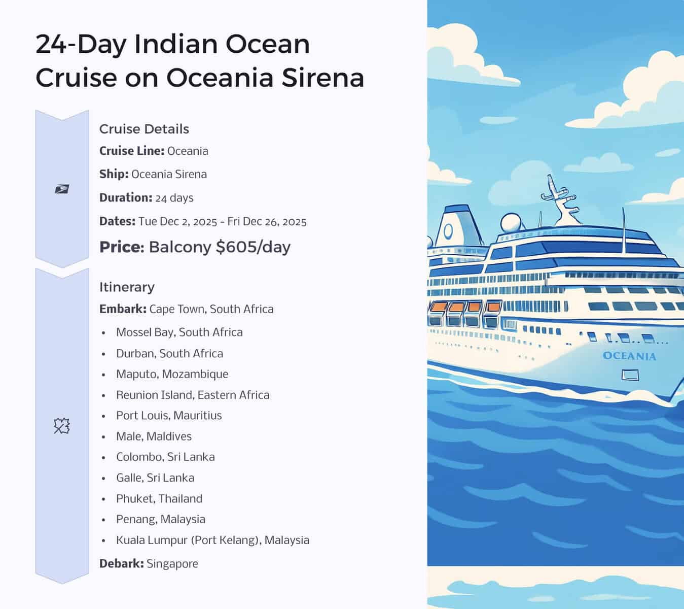 24-day Indian Ocean cruise on Oceania Sirena